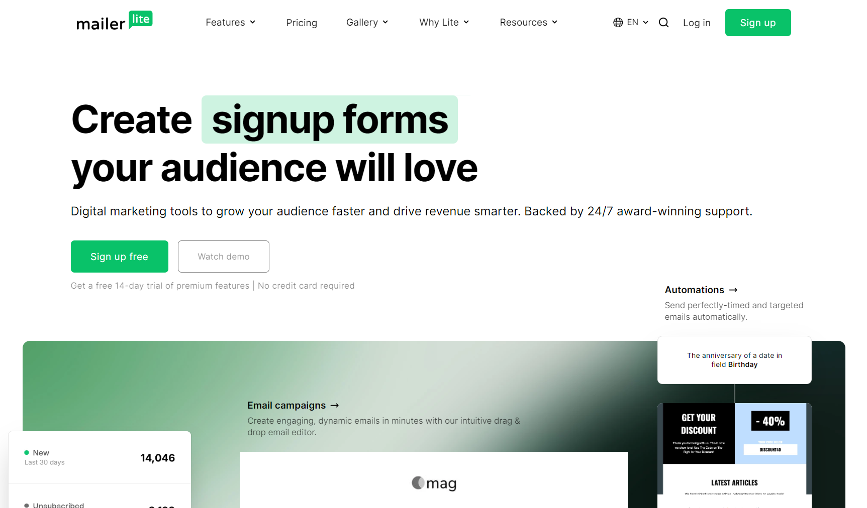 Email automation: Mailerlite home page