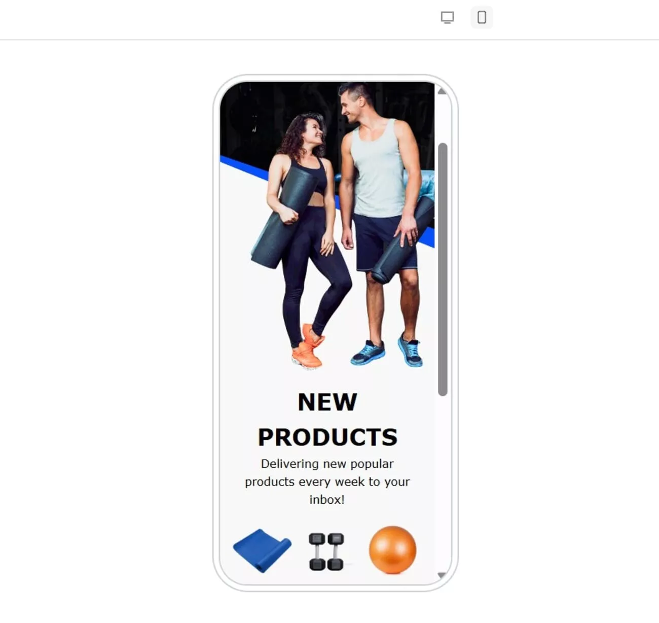 Email-safe fonts vs custom fonts: A man and a woman in athletic wear smile at each other, each holding a yoga mat. The ad reads New Products: Delivering new popular products every week to your inbox! with images of fitness gear below.