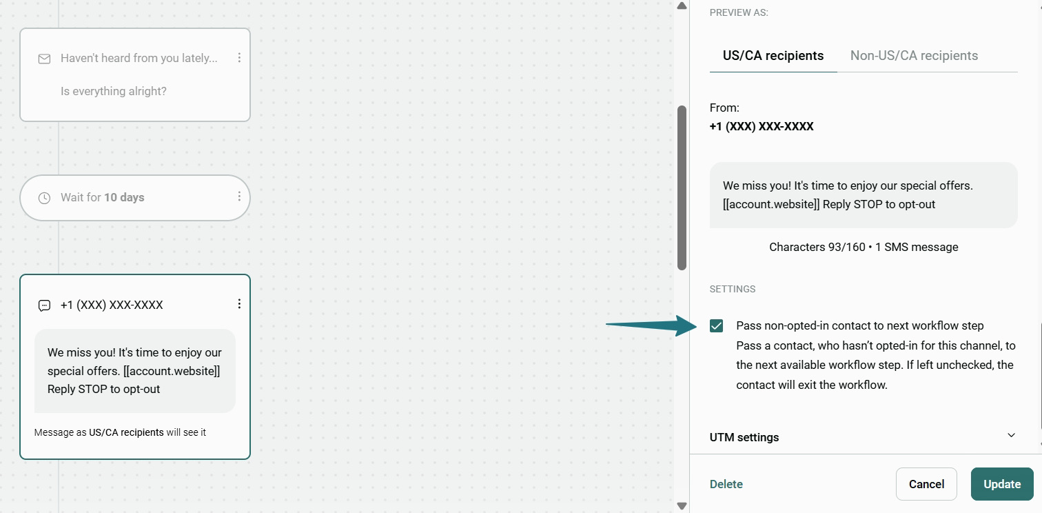 Shopify SMS: A messaging workflow editor is shown. A message template is displayed for US/CA recipients with options for SMS content. An arrow points to the setting Pass non-opt-in contact to next workflow step.