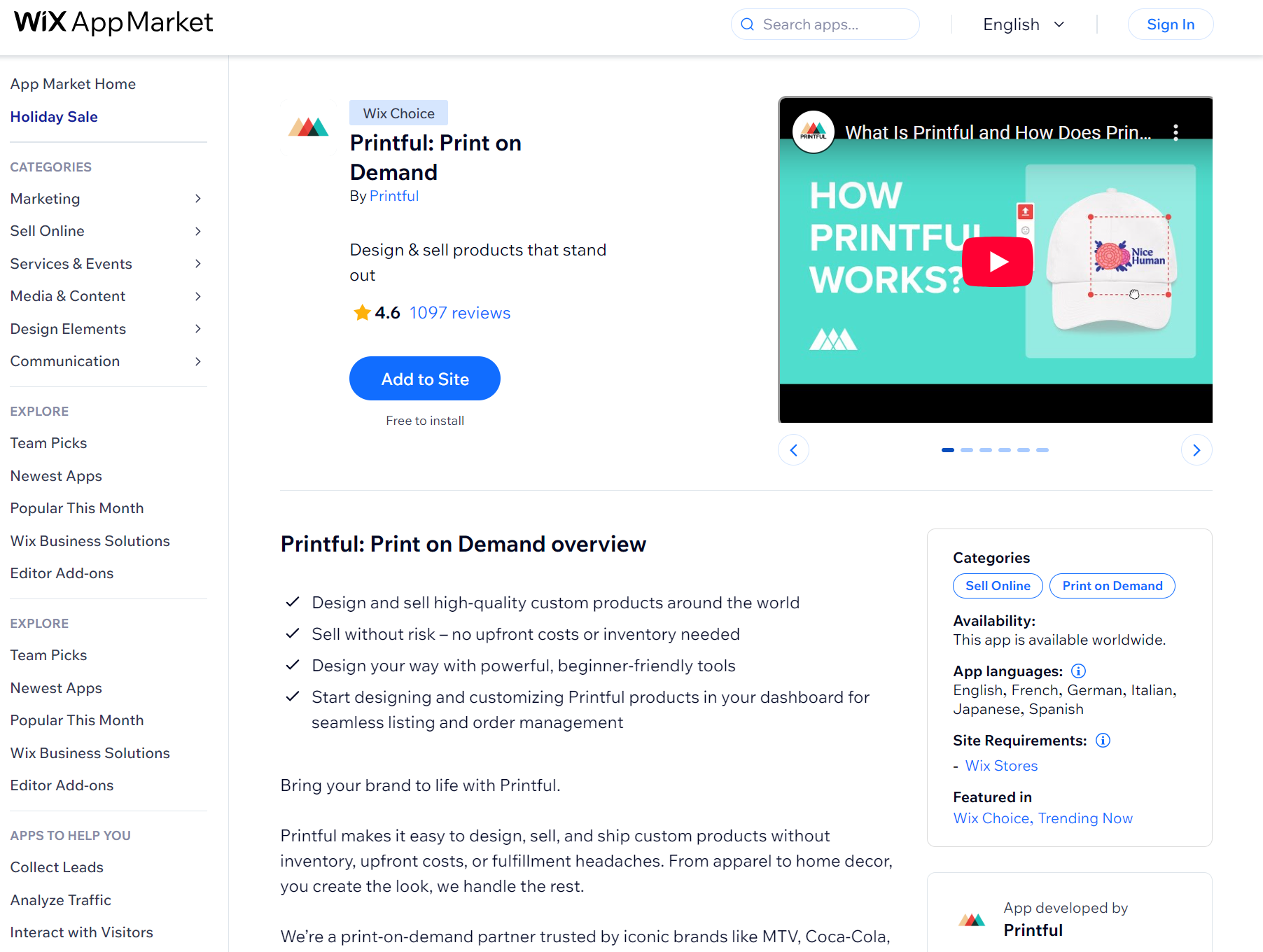 Wix apps: Printful app page