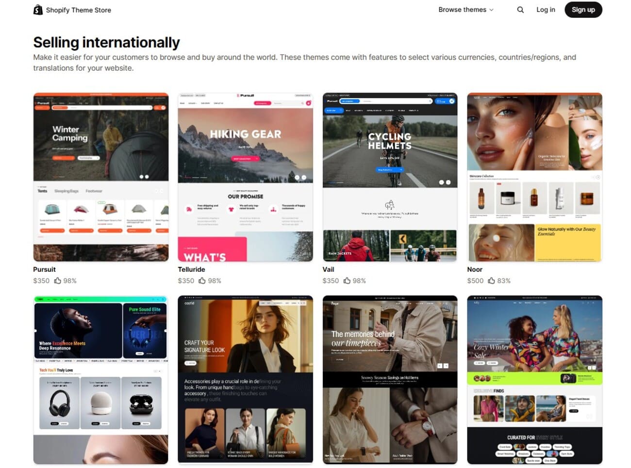 Dropshipping pet products: Screenshot of the Shopify Theme Store page titled Selling internationally, showing nine website theme previews with names, prices, and customer ratings, designed for various business types and visuals.