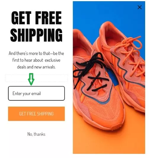Shopify discount popup: A promotional pop-up offers free shipping for entering an email address. The left side shows a sign-up form, while the right side displays a close-up of bright orange athletic shoes on an orange background.