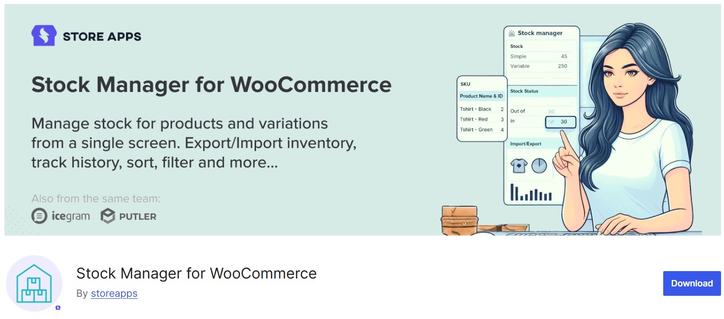 WooCommerce inventory management: Illustration for Stock Manager for WooCommerce shows a woman pointing at a floating dashboard with stock details. Text describes features like stock management, import/export, inventory tracking, and more. Download button below.