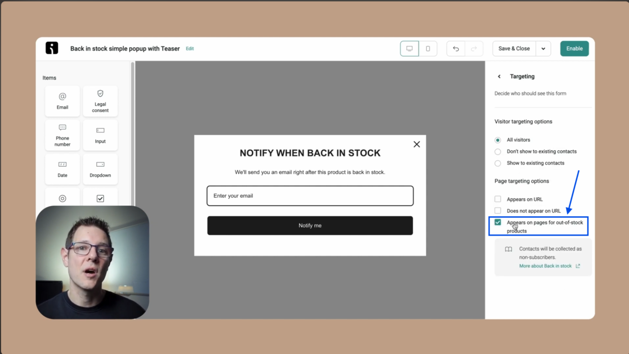 Back in stock popup email signup form with notify me button and targeting settings UI