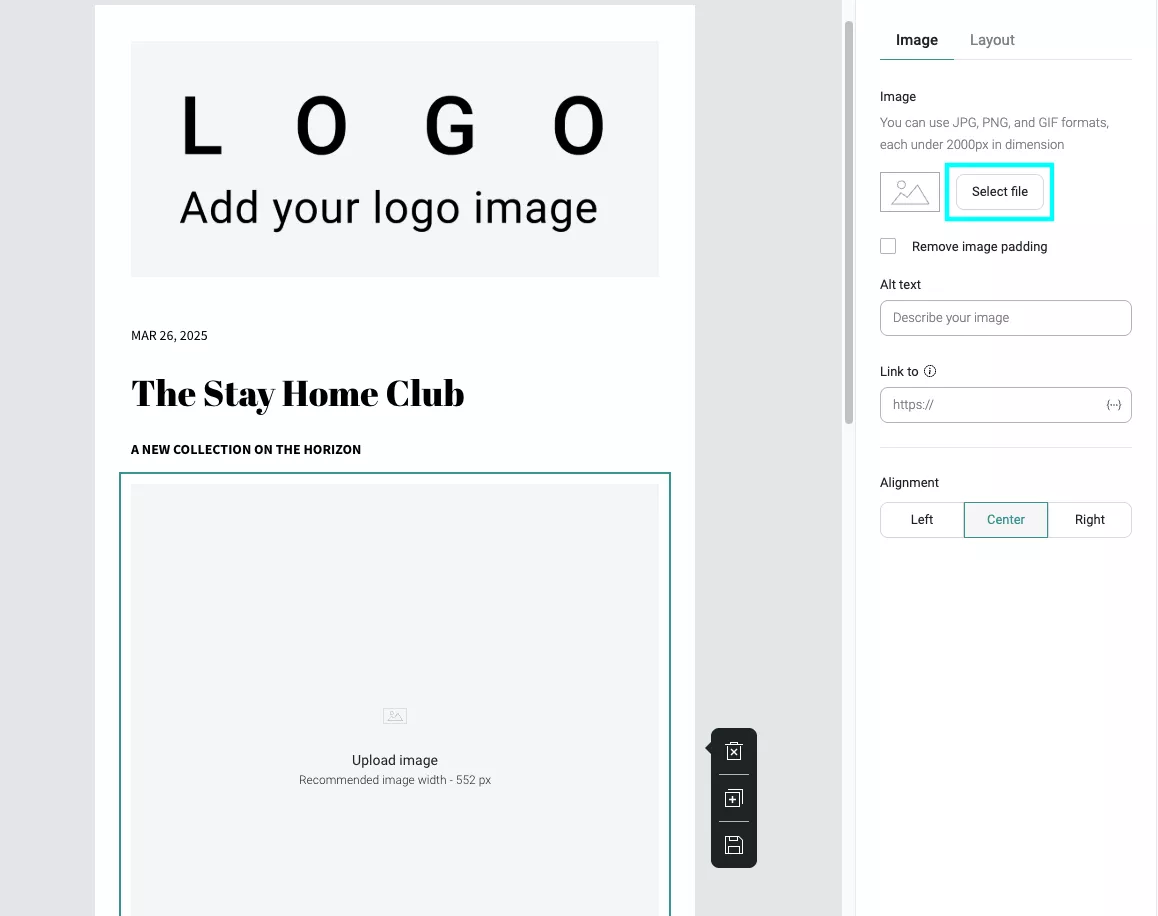 How to insert a GIF into an email: Screenshot of a website editor. The page displays a placeholder for a logo, a title “The Stay Home Club,” and a large empty image box labeled “Upload image.” An image upload menu is open on the right side.
