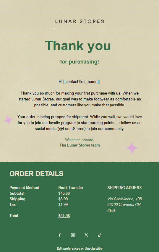 Thank you email templates: An order confirmation from Lunar Stores with a thank you message, order details, shipping address, and social media invitation on a beige and green background with star icons.