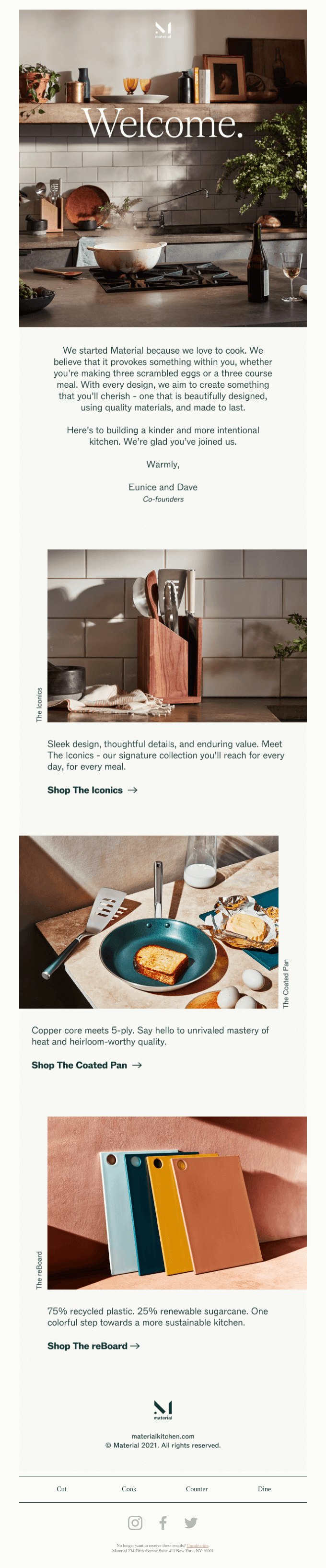 Best welcome emails: A welcome email from Material Kitchen featuring kitchenware photos: utensils in a ceramic holder, cooking tools in a leather caddy, a set dining table with food, and color-blocked cutting boards, with text introducing their products.