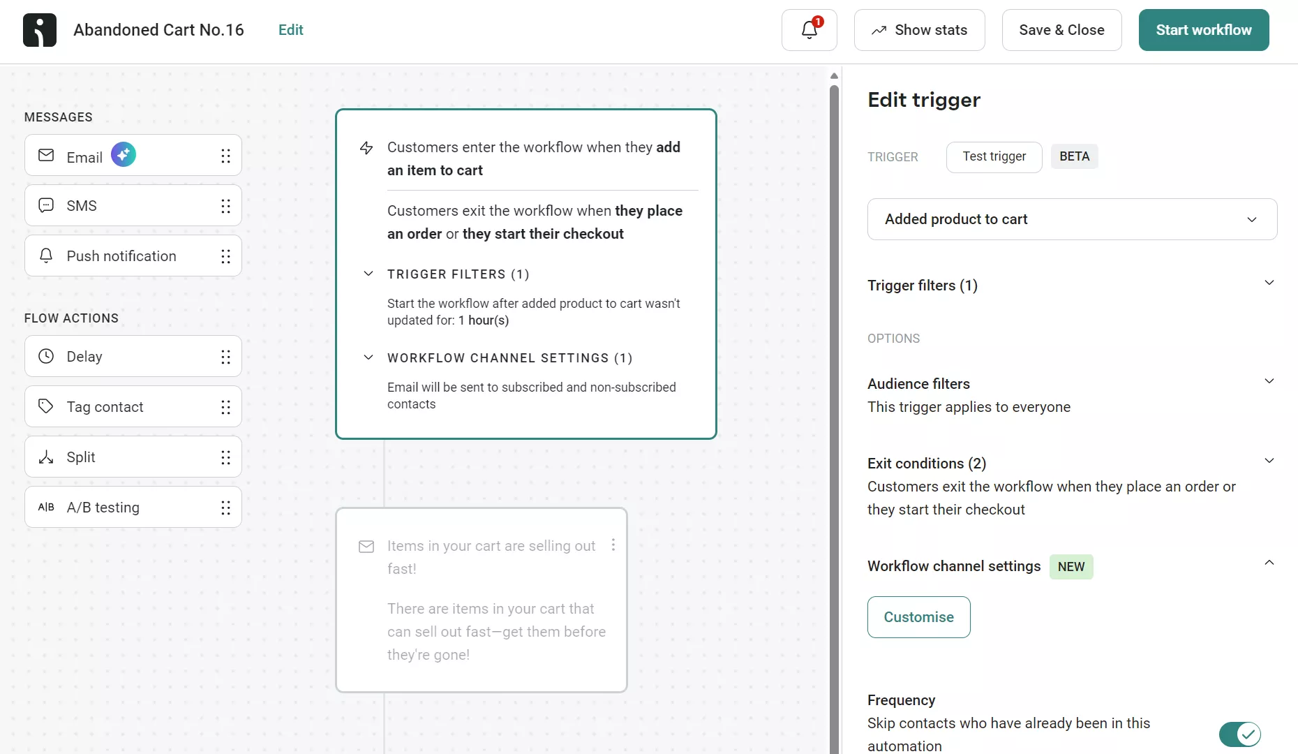 Easter email subject lines: A screenshot of an email marketing automation platform shows a workflow for Abandoned Cart No. 16. The workflow diagram includes triggers and settings for sending emails when customers abandon their carts.