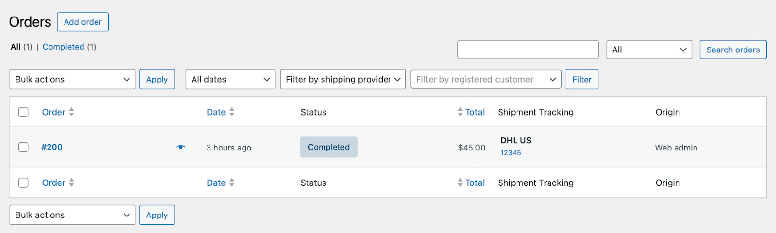 WooCommerce shipment tracking: Screenshot of an order management dashboard showing one completed order with details: order number, date, status, total ($46), shipping provider (DHL US), tracking link, and order origin (Web admin).