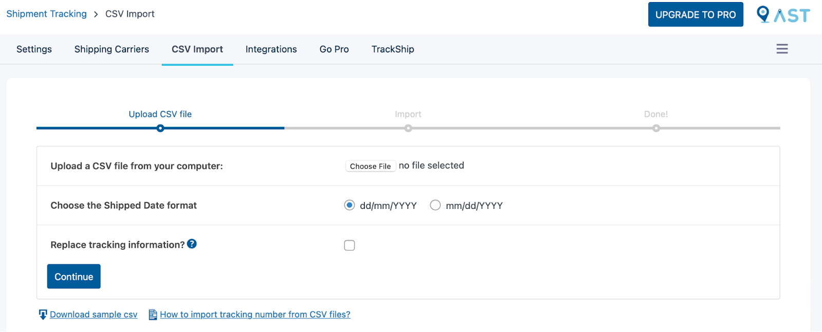 WooCommerce shipment tracking: A web interface for importing CSV files shows options to upload a file, select shipped date format (dd/mm/yyyy or mm/dd/yyyy), choose whether to replace tracking info, and buttons for help and downloading a sample CSV.