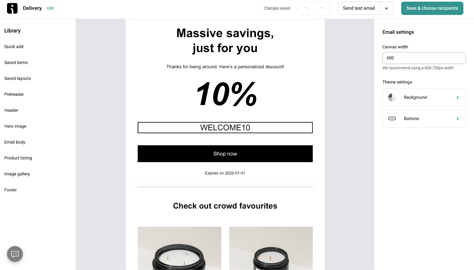 WooCommerce shipment tracking: A promotional email template offering a 10% discount with code WELCOME10, featuring a Shop now button and expiry date, and showcasing product images below. The layout and editing options are visible on the left.