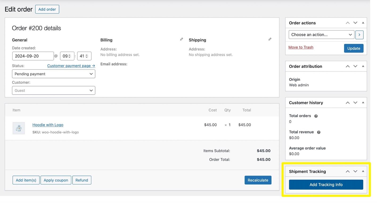WooCommerce shipment tracking: Screenshot of an order details page showing order info, billing/shipping addresses, ordered item, total cost, and a highlighted Add Tracking Info button in the Shipment Tracking section on the right.