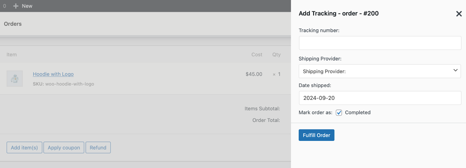WooCommerce shipment tracking: A screenshot of an order management page showing one item, a hoodie with a logo, and an Add Tracking panel for order #200 with fields for tracking number, shipping provider, and shipped date, plus a Fulfill Order button.