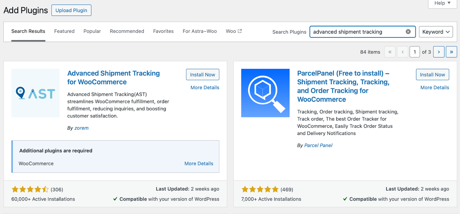 WooCommerce shipment tracking: WordPress plugin marketplace search results for “advanced shipment tracking,” displaying plugins including Advanced Shipment Tracking for WooCommerce and ParcelPanel with install buttons and plugin details.