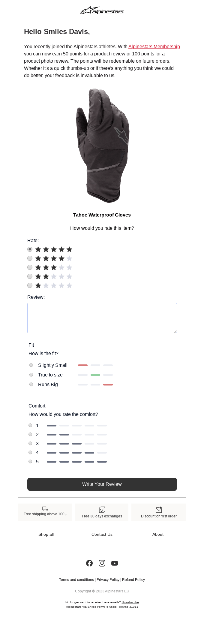 Thank you email templates: A product review email for Tahoe Waterproof Gloves shows a black glove, a rating system, fit and comfort sliders, a comment box, and a Write Your Review button. The email is addressed to Smiles Davis.