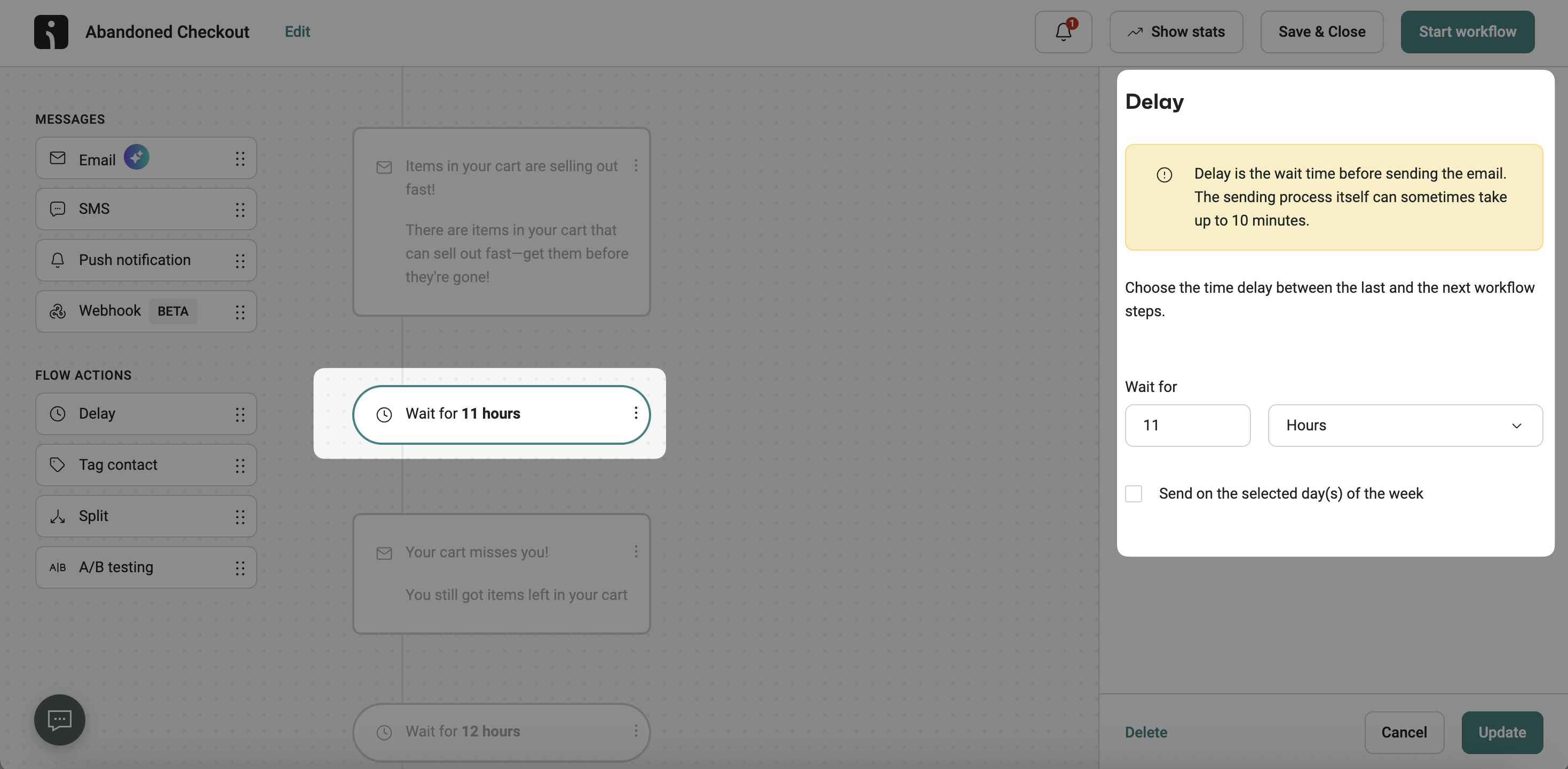 Thank you email templates: A workflow editor screen for abandoned checkout emails. A Wait for 11 hours step is highlighted, and a sidebar on the right shows delay settings, allowing adjustment of the waiting period before sending an email.