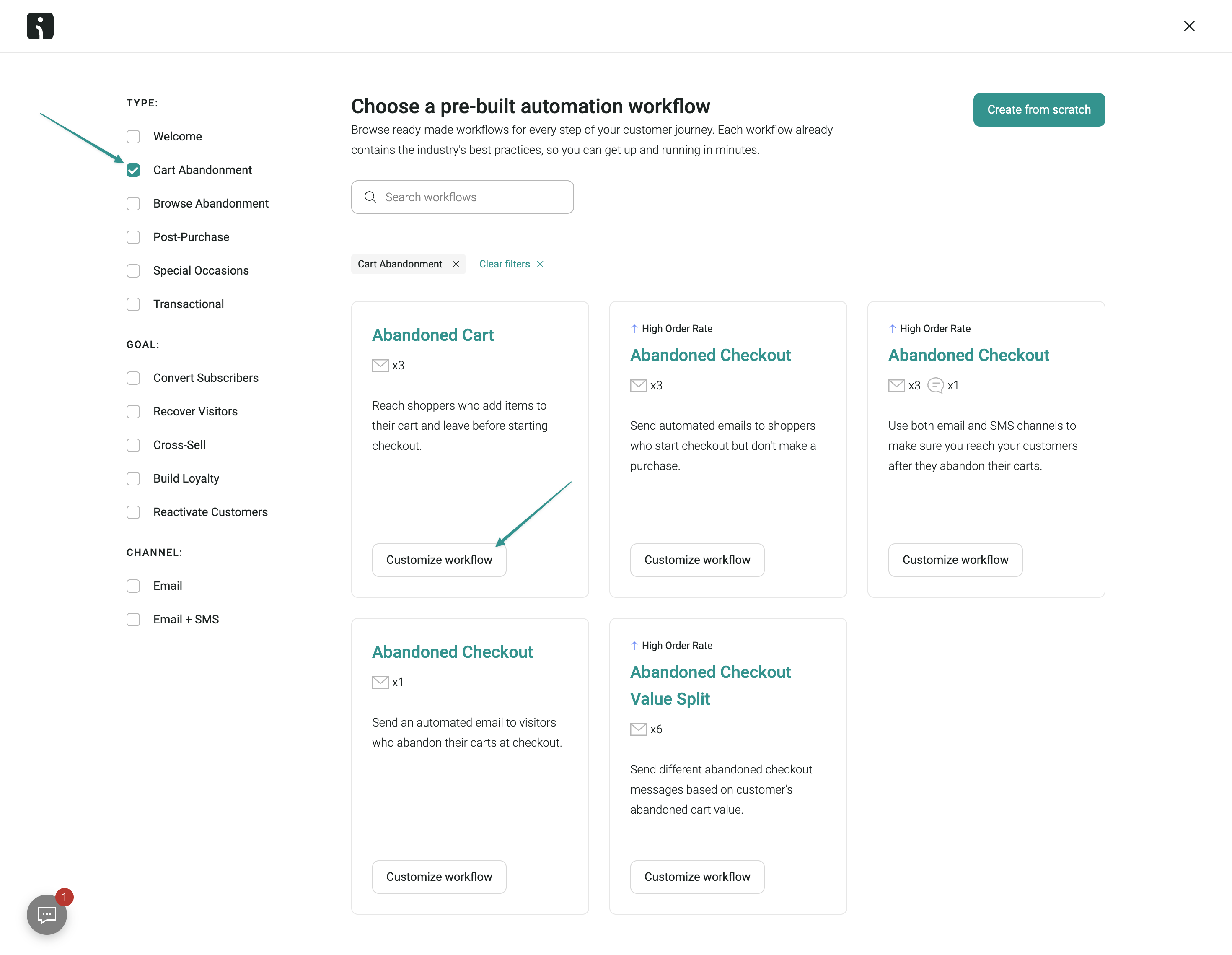 Reminder email: A dashboard for choosing a pre-built automation workflow, with options listed on the left and templates like Abandoned Cart and Abandoned Checkout displayed in the main area. Customize workflow buttons are under each template.