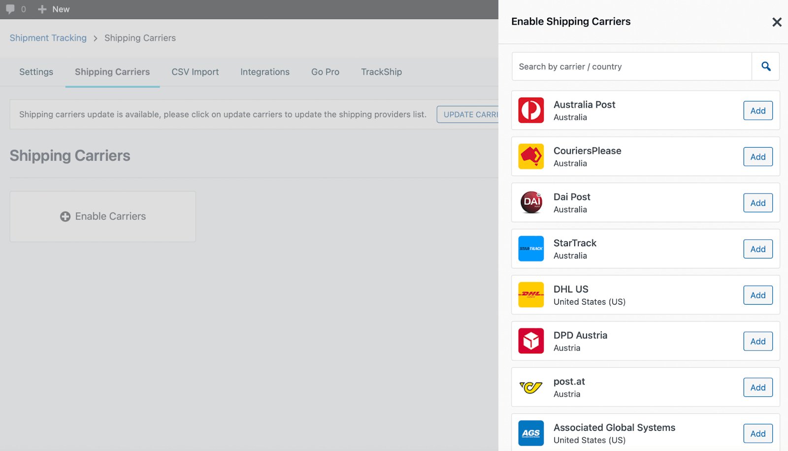 WooCommerce shipment tracking: A shipping carrier management screen shows options to enable various shipping carriers, including Australia Post, CouriersPlease, DHL US, and others, each with an Add button next to their name and logo.