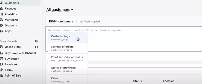 Omnisend vs. Shopify: A dashboard screen showing a customer management interface with a filter menu open, displaying options like customer tags, number of orders, email subscription status, and location details. Total customers listed: 15,064.