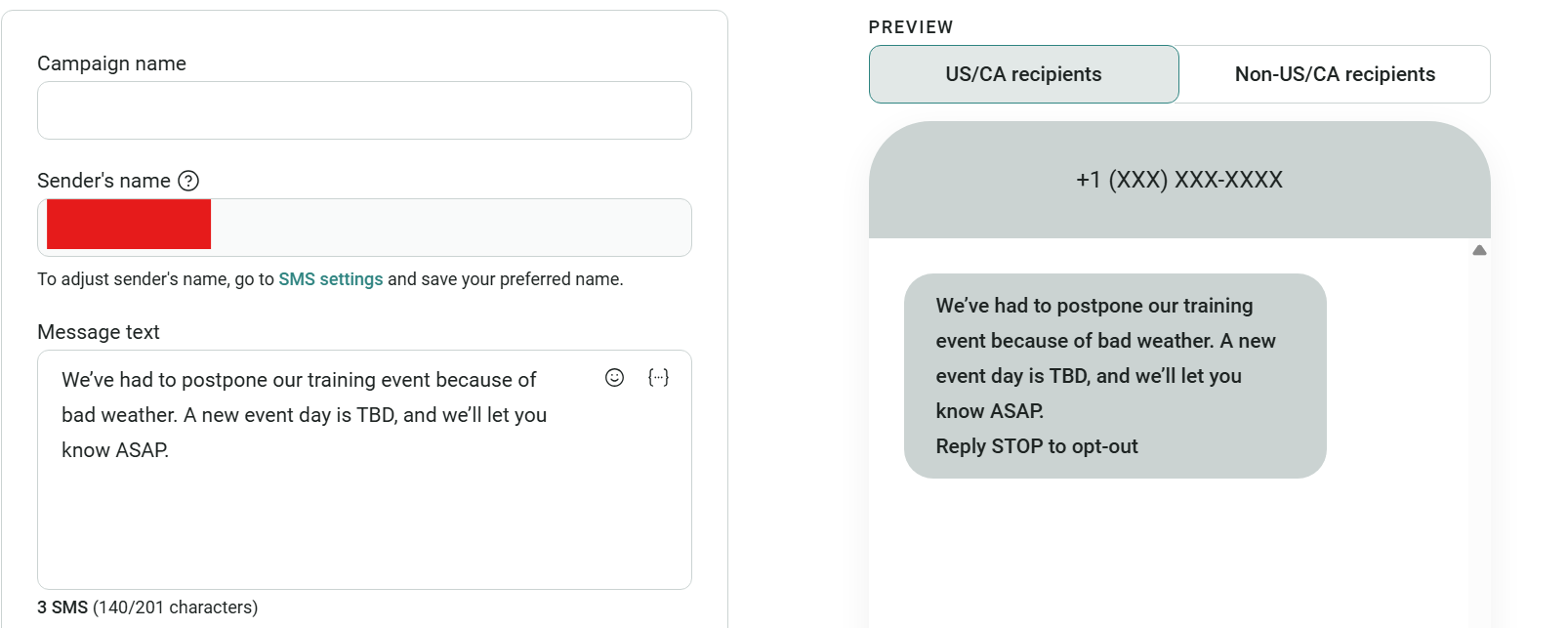 Text abbreviations: A message platform interface showing fields for campaign name, sender’s name, and message text, with a preview of a text message about postponing a training event due to bad weather.