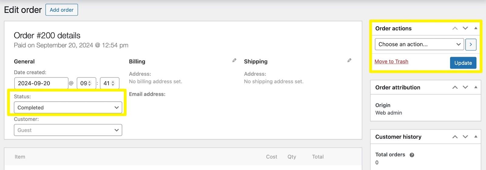 WooCommerce shipment tracking: Screenshot of an online order editing page showing order #200 details. Status is set to Completed and Order actions and Status fields are highlighted in yellow.