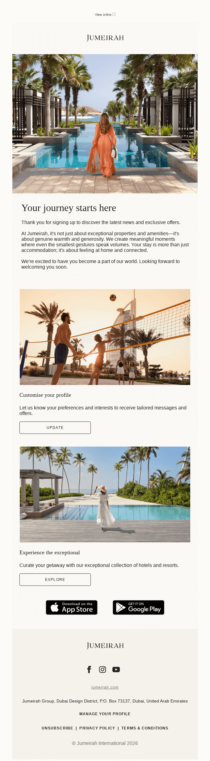 Best welcome emails: A woman in an orange dress walks toward a luxurious pool lined with palm trees; below, two people play beach volleyball, with additional images of a stylish resort. App store download icons appear at the bottom.