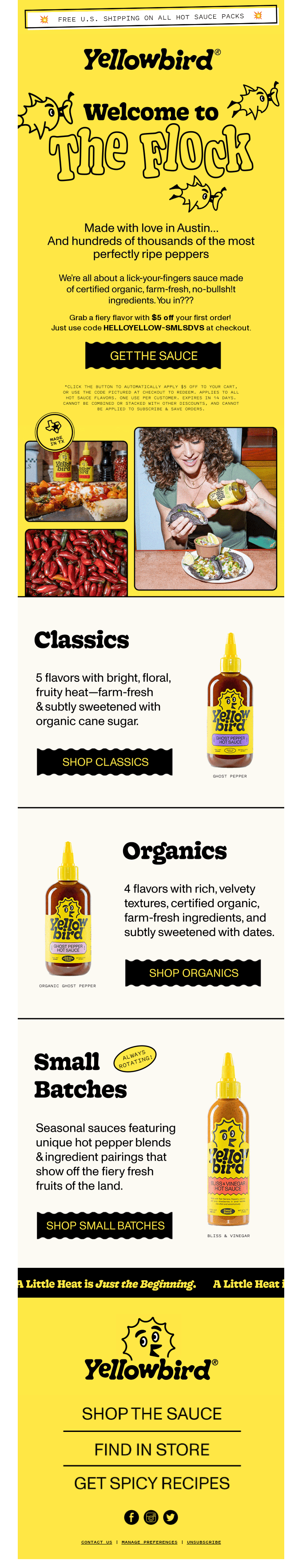 Best welcome emails: A promotional email for Yellowbird hot sauces features images of various sauces, peppers, and a smiling woman holding a plate of tacos, with sections for Classics, Organics, and Small Batch sauces on a yellow background.