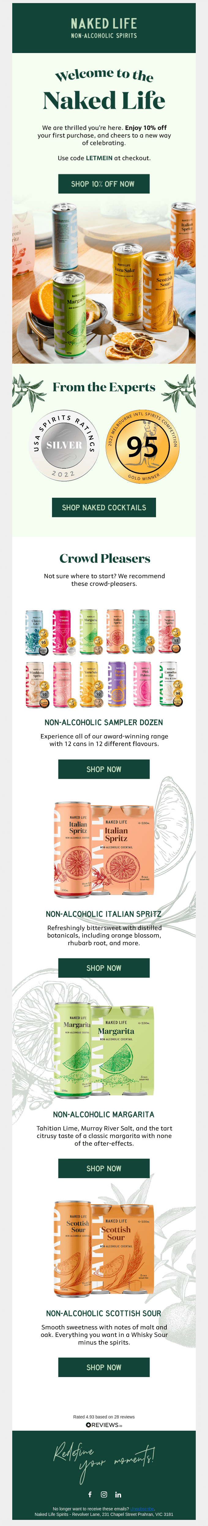 Best welcome emails: Tall infographic promoting Naked Life non-alcoholic drinks, showing cans in various flavors, awards, and product lines. Features images of cans, cocktails, and informational text about ingredients and benefits.