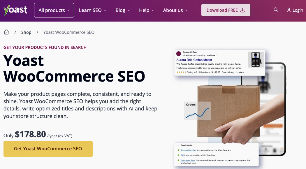 WooCommerce pricing: Screenshot of the Yoast WooCommerce SEO webpage, showing a headline, product description, the price of $178.80/year, a “Get Yoast WooCommerce SEO” button, and images of an order, product listing, and a hand holding a box.