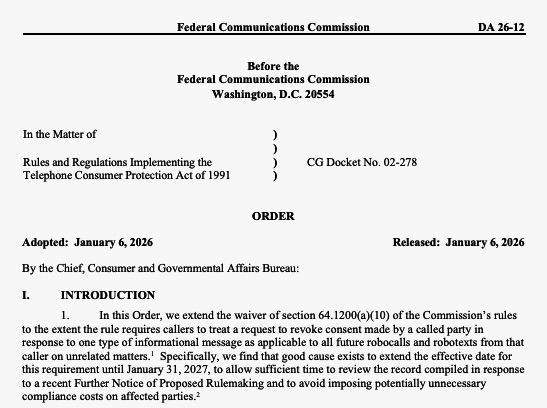 SMS regulations: A document header from the Federal Communications Commission regarding the Telephone Consumer Protection Act of 1991, with information on an order adopted January 6, 2026, and details about waiving a specific section of regulations.