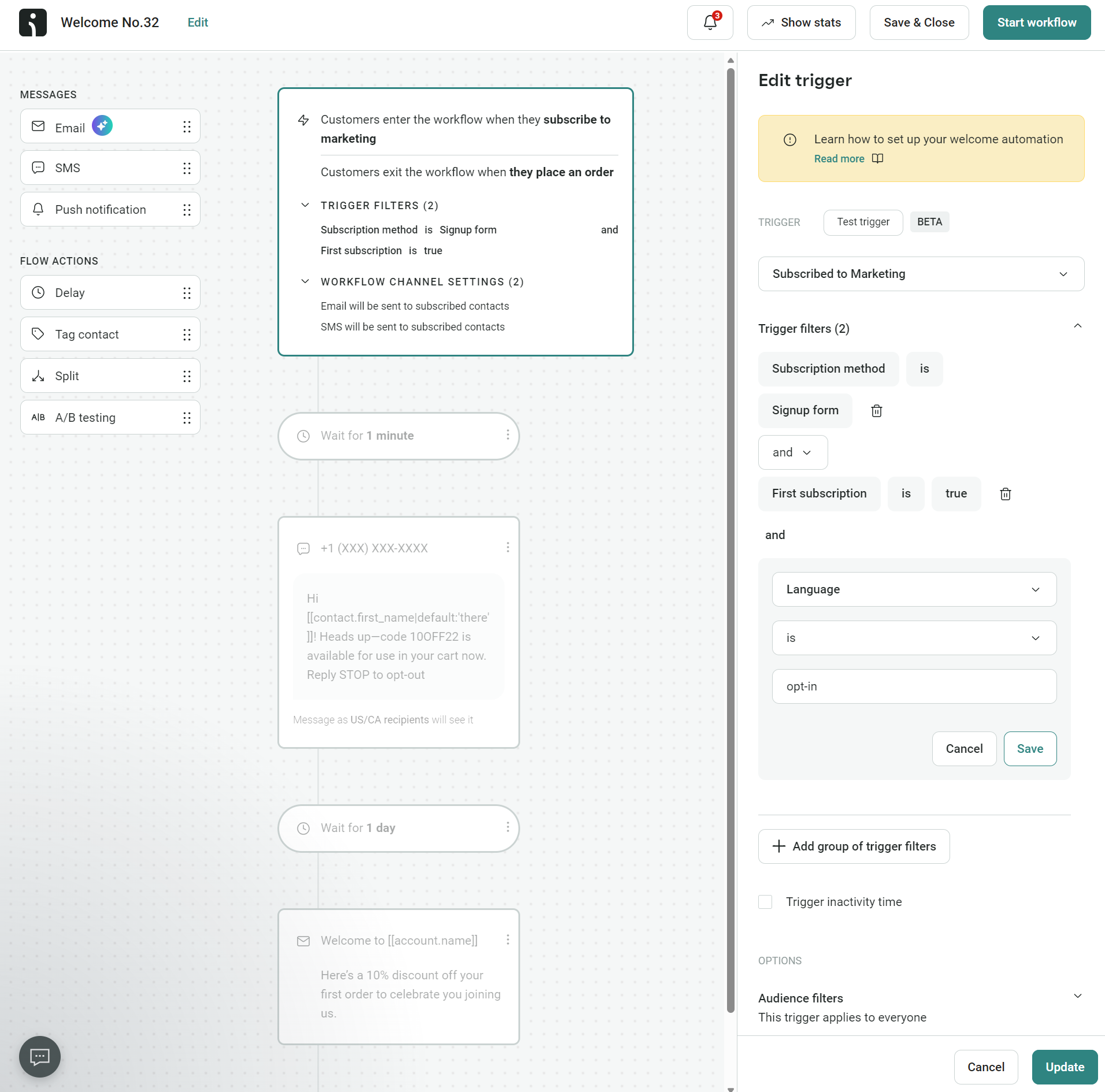 SMS keywords: A workflow automation interface displays steps for sending SMS messages. On the right, settings for an email trigger based on signup forms are shown, including language and trigger conditions.