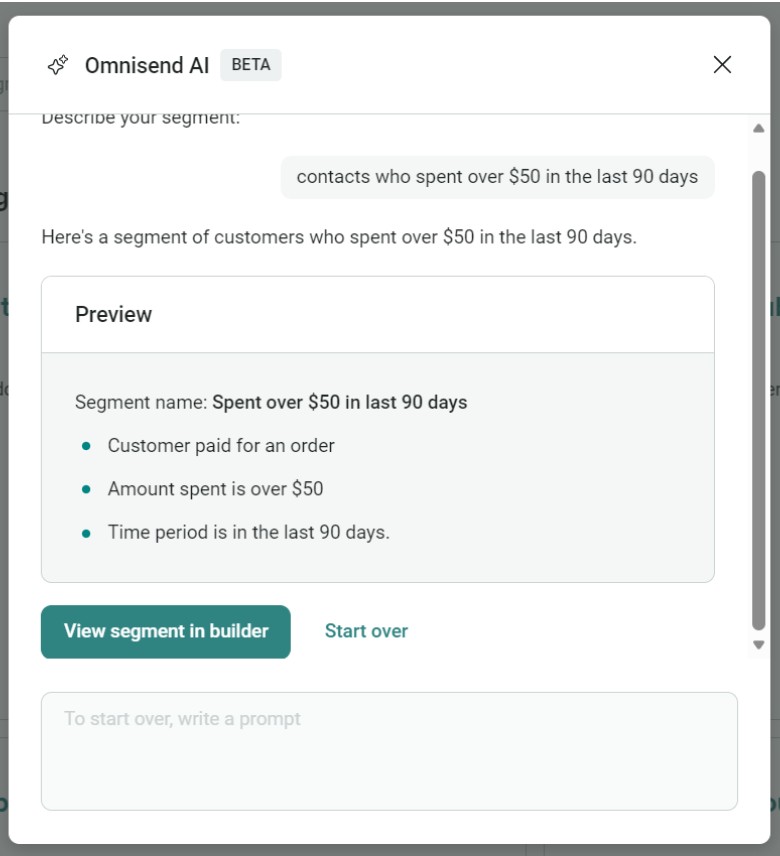 SMS segmentation: A screenshot of Omnisend AI showing a segment preview for Spent over $50 in last 90 days, listing criteria: customer paid for an order, amount over $50, and time period in the last 90 days. Buttons for View segment in builder and Start over appear below.