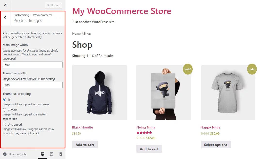 WooCommerce product image size: Screenshot of a WooCommerce store settings page. The left panel shows product image settings, while the main area displays products: a black hoodie, a flying ninja poster, and a happy ninja t-shirt, some with sale labels.