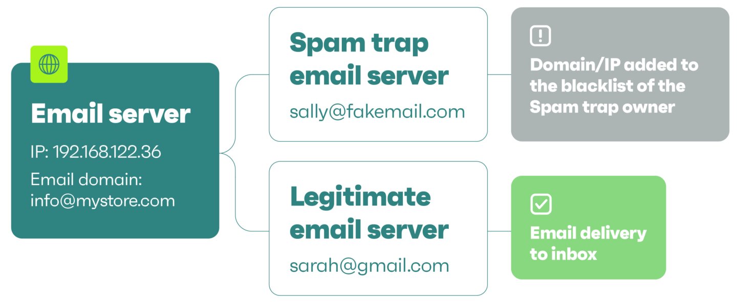 Email blacklist: A diagram showing an email server sending emails to a spam trap email server and a legitimate email server, with outcomes: blacklisting for spam trap and inbox delivery for legitimate server.