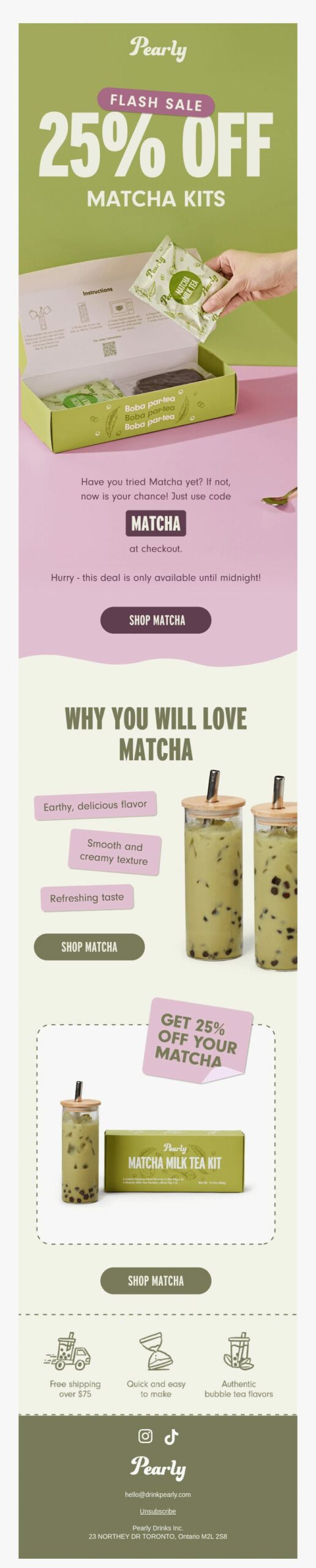 Limited time offer: Vertical promotional banner for matcha kits, showing a hand holding a box, three bubble tea drinks, and text offering 25% off matcha kits, with a code and “Shop Matcha” buttons on a green and pink background.