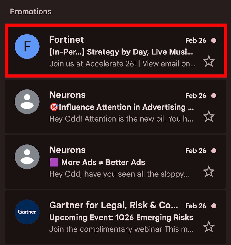 Best email subject lines: Screenshot of an email inbox showing four promotional emails. The first email, from Fortinet, is highlighted with a red box. Other senders include Neurons and Gartner, with email subjects and dates visible.