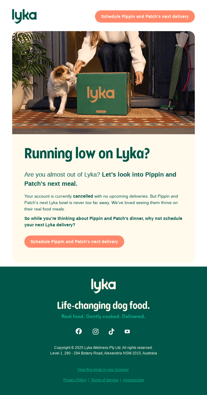 Unsubscribe rate: A promotional email from Lyka shows a woman sitting on a sofa with a golden dog, both smiling. The message discusses scheduling the next meal delivery for the dog and encourages prompt action.