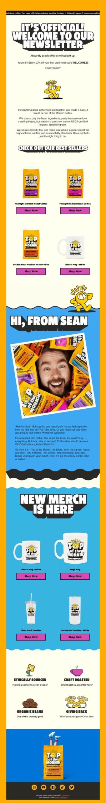 Thank you for subscribing: Vertical promotional graphic for Sean’s Bar, featuring text about a rebranding, product images of coffee bags and mugs, a photo of Sean smiling, and contact information at the bottom against colorful backgrounds.