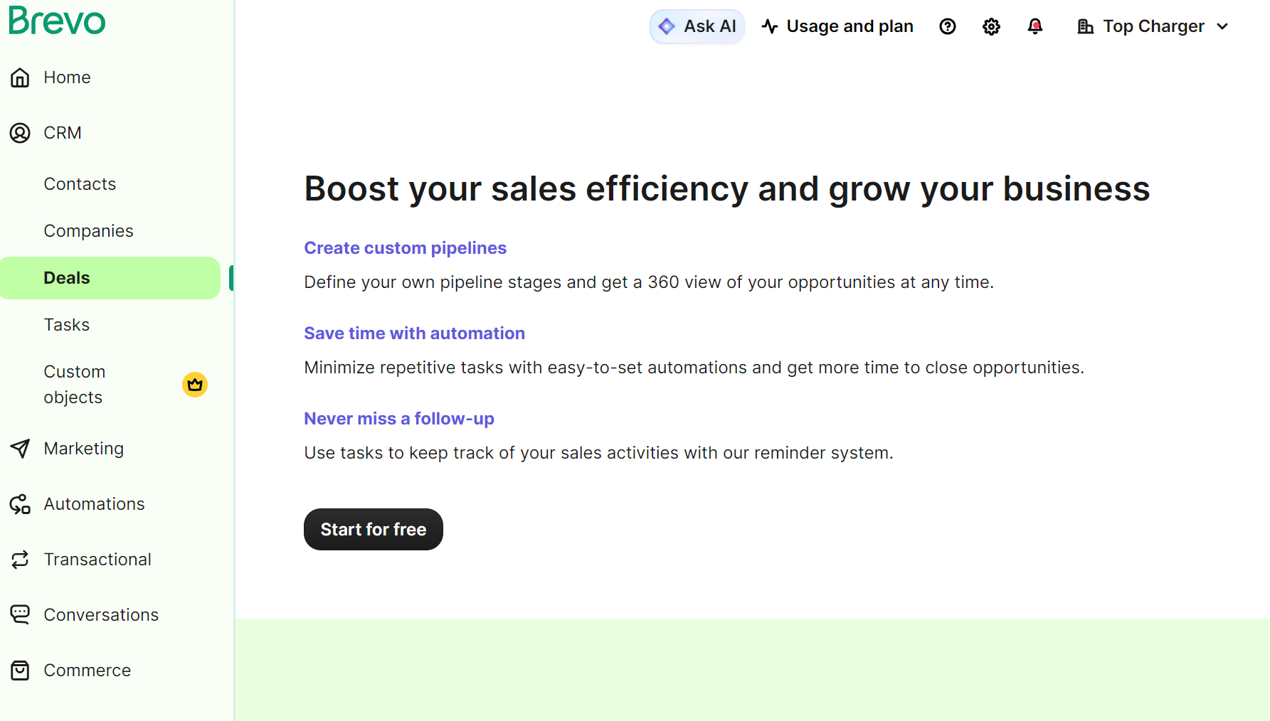 GetResponse alternatives: A Brevo dashboard screen displays a sidebar menu with options like Home, CRM, and Deals. The main section highlights benefits such as creating sales pipelines, saving time with automation, and never missing follow-ups.