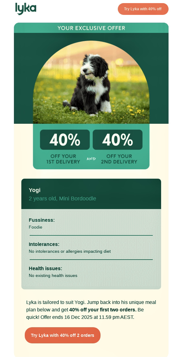 Email a/b testing: A promotional email shows a photo of a black and white dog sitting on grass above bold text offering 40% off the first and second delivery from Lyka, a pet food service. Information about the pet and the offer details are listed below.