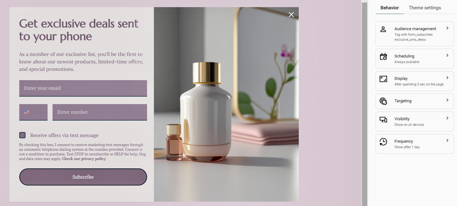 SMS regulations: A signup form offers exclusive deals via text, asking for a phone number, with checkboxes for consent. Next to it are perfume bottles on a table with a soft pink background. A sidebar on the right shows audience management settings.