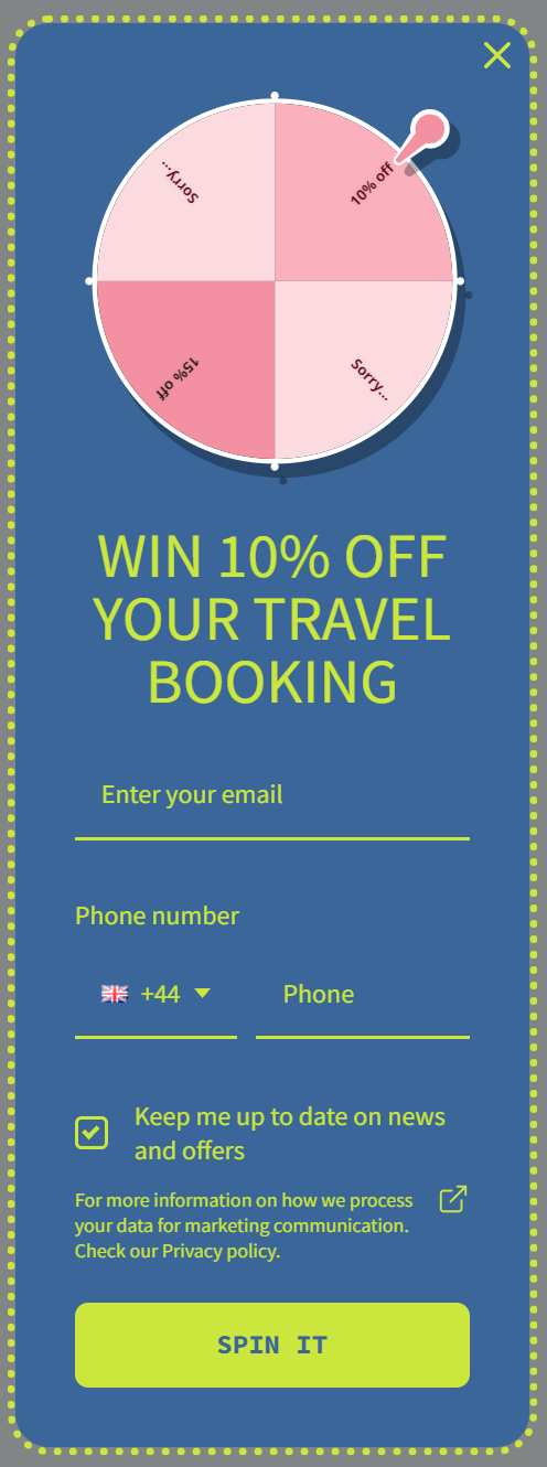 SMS marketing for travel agencies: A digital spin wheel with four segments showing percentage discounts. Below, a form asks for email and phone number, with a checkbox for offers and a green SPIN IT button to win 10% off travel booking.