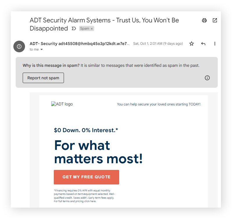 Email blacklist: Screenshot of a spam email from ADT Security, offering $0 down and 0% interest on home security systems, with a button to get a free quote. Gmail displays a spam warning at the top of the message.