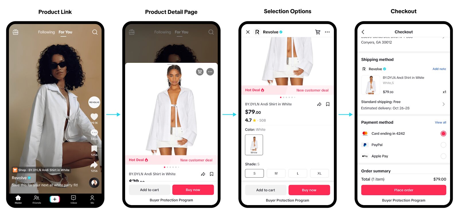 Ecommerce customer acquisition: A sequence of four smartphone screens shows an online shopping process: browsing a product, viewing details of a white shirt, selecting size and color, and finalizing checkout with shipping info and payment.