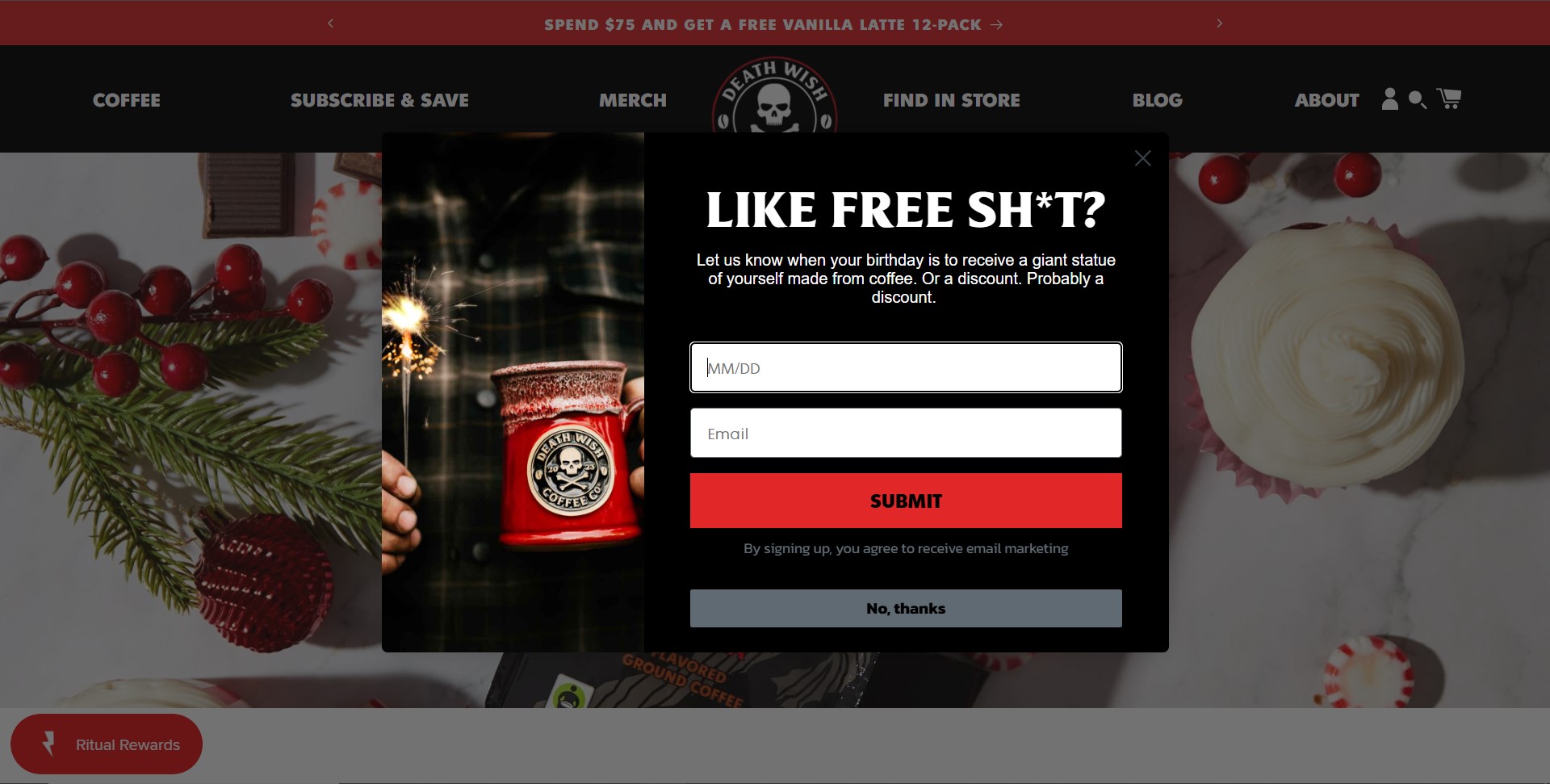 Popup timing: A pop-up on a coffee website offers a free gift for signing up with a name and email. The background displays holiday decorations, a holiday-themed coffee mug, and a cupcake.