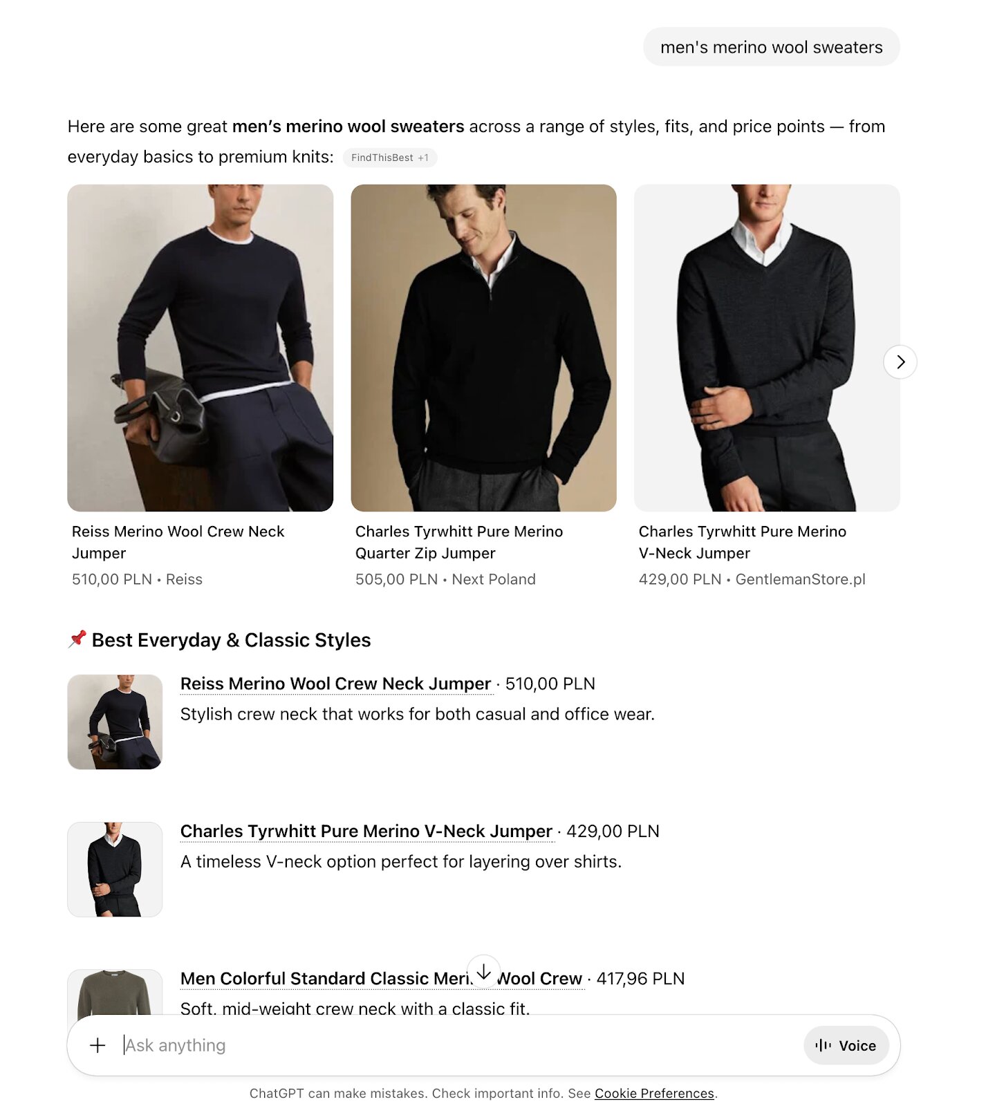 Ecommerce customer acquisition: A screenshot shows search results for “men’s merino wool sweaters,” with product listings featuring men modeling sweaters in various colors and styles, along with product names, prices in PLN, and store information.