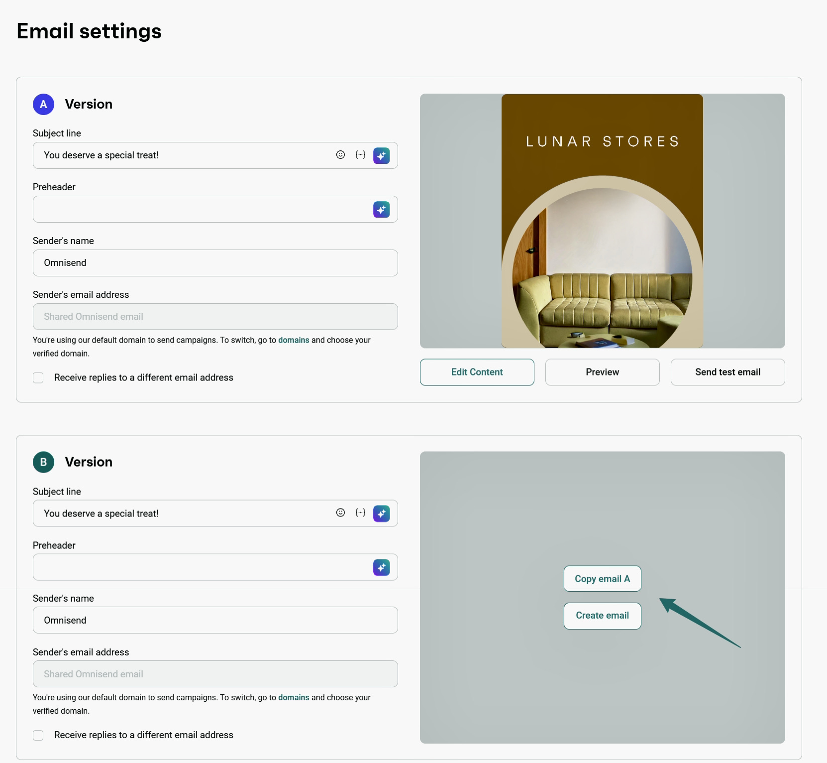 Email a/b testing: Screenshot of an email settings page showing two versions of an email. The first version displays a preview of a promotional email for Lunar Stores with a sofa image, while the second version offers options to copy or create an email.