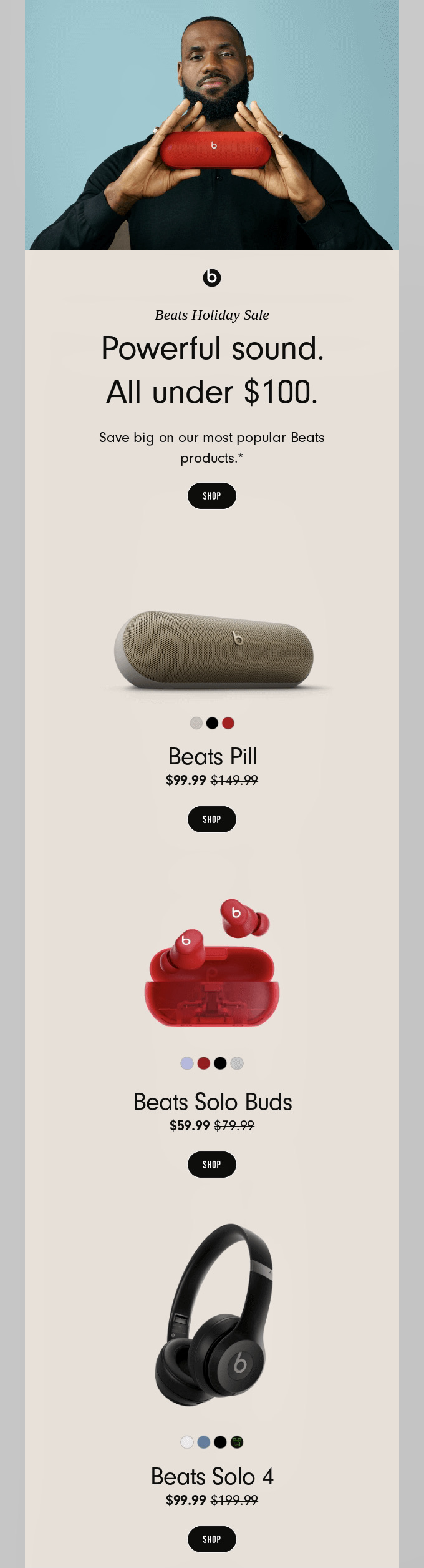 Email marketing: A smiling man holds red Beats Solo Buds. Below, three Beats products are shown: a gray Beats Pill speaker, red Beats Solo Buds, and black Beats Solo 4 headphones, each with sale prices under $100.