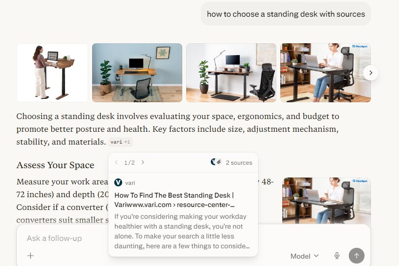 Ecommerce customer acquisition: A screen shows search results for “how to choose a standing desk with sources,” including images of people using standing desks, text guidance, and a pop-up with source links from a website called Vari.