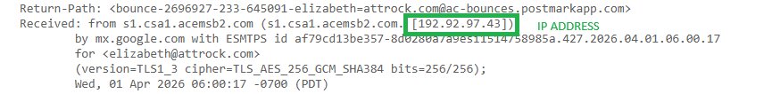 Email blacklist: Screenshot of an email header showing a highlighted IP address 192.92.97.43 in green, labeled as IP ADDRESS among technical details like server paths and encryption info.
